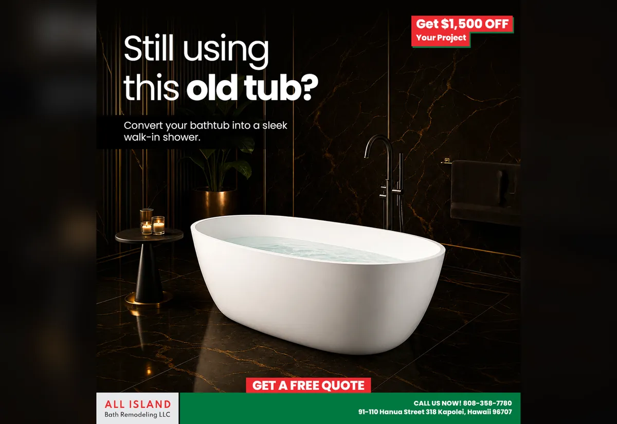 All Island Bath Remodeling ad built by Stratum Digital: Still using this old tub? Convert your bathtub into a walk-in shower, $1,500 off