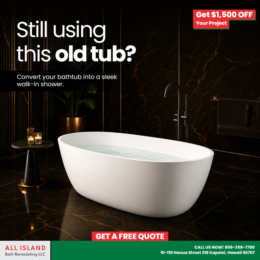 All Island Bath Remodeling ad built by Stratum Digital: Still using this old tub? Convert your bathtub into a walk-in shower, $1,500 off