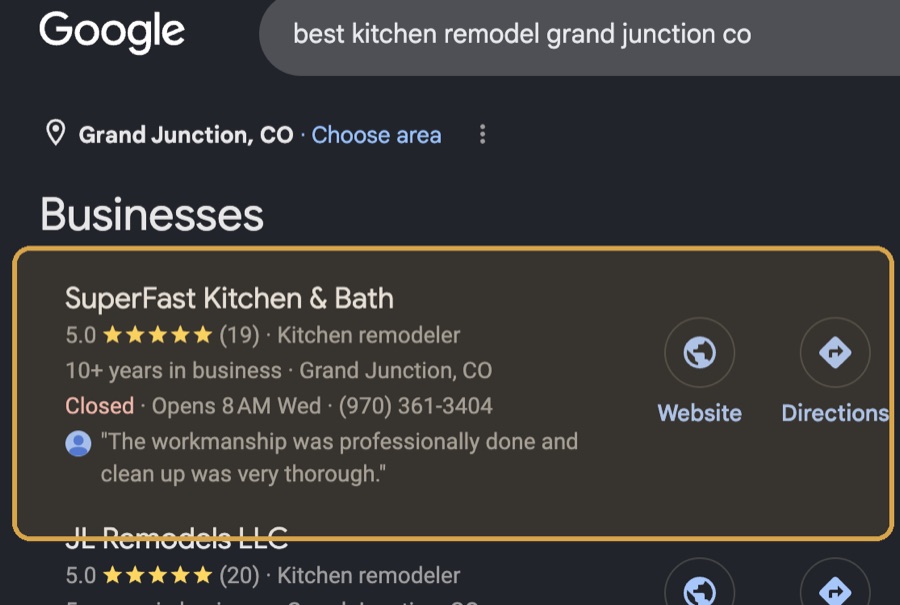 Google results showing the client ranked number one for best kitchen remodel in Grand Junction