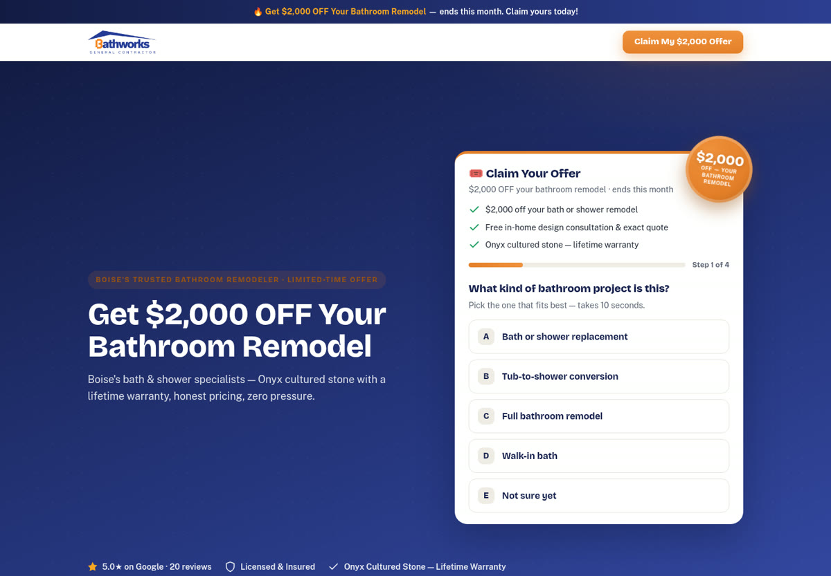 Bathworks 2,000 dollars off landing page