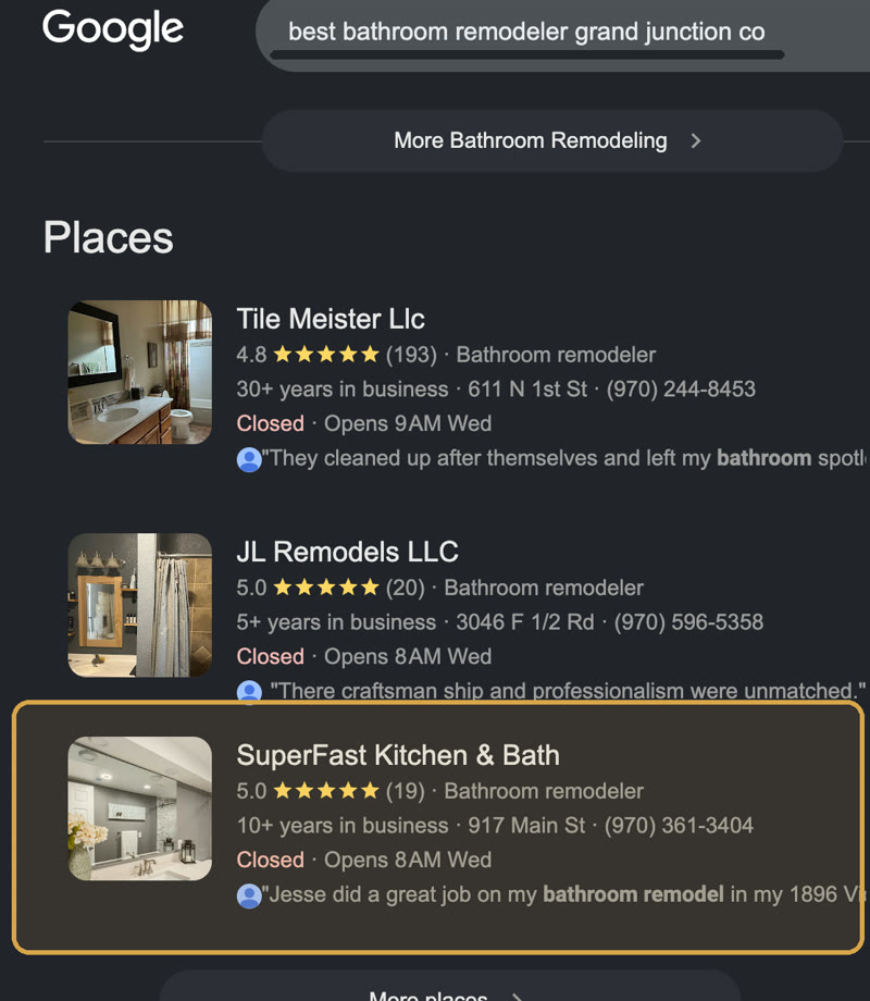 SuperFast Kitchen and Bath in the top 3 bathroom remodelers on Google